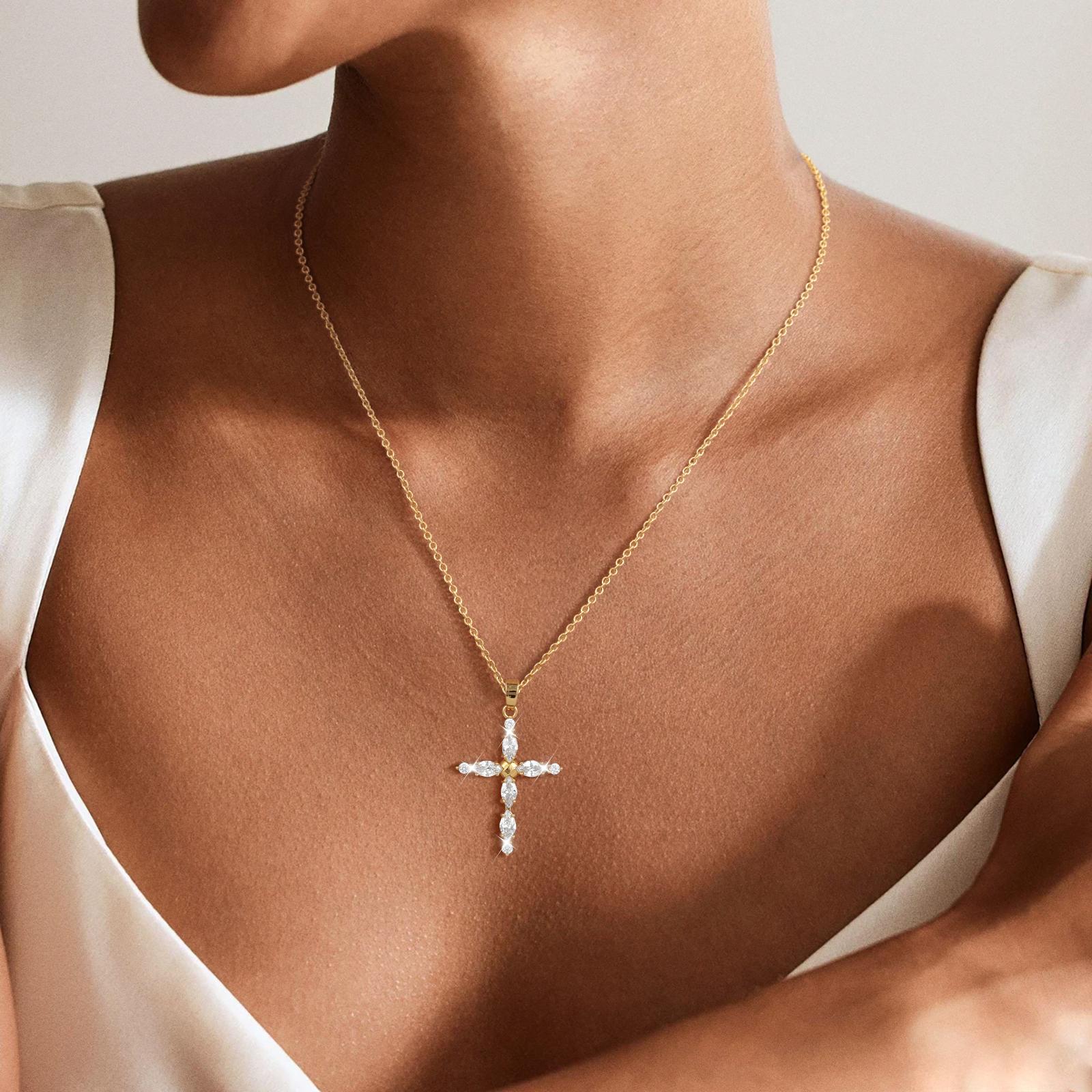 Tasiso 14K Gold-Plated CZ Cross Necklace - Faith & Elegance - Dainty Gold Chain & Sparkling Cubic Zirconia Stones - Perfect for Everyday Wear & Special Occasions