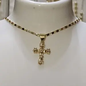 N12-Gold Colored Cross Pendant with 3mm 17.3-Inch Diamond Cut Style Chain Unisex 14 K Gold Plated Necklace not a water resistant