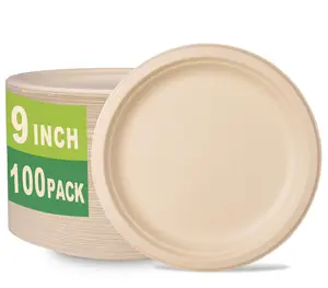 100 Count 9“ Heavy-duty Compostable Plates, Unbleached Biodegradable Bagasse and Bamboo fiber Paper Plates
