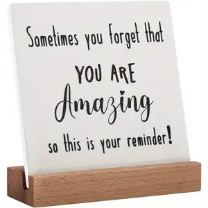 You Are Amazing Inspirational Acrylic Desk Plaque, Positive Affirmation Self Love Gift, Wooden Base Motivational Desktop Decor
