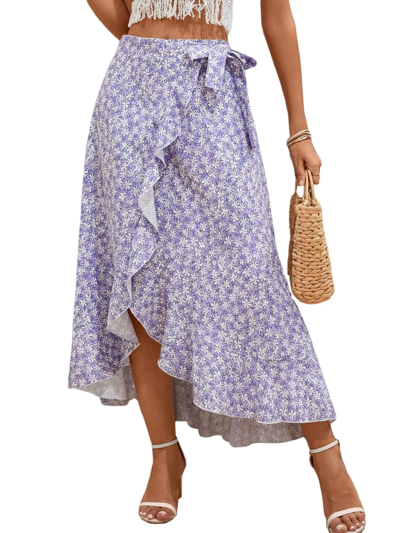 Ditsy Floral Print Ruffle Trim Tie Side Wrap Skirt, Women's Bohemian Boho Lace Up Midi Skirt for Everyday Wear and Garden Parties, Ideal for Vacations, Boho Casual Skirts, Floral Printed Skirt, Womenswear