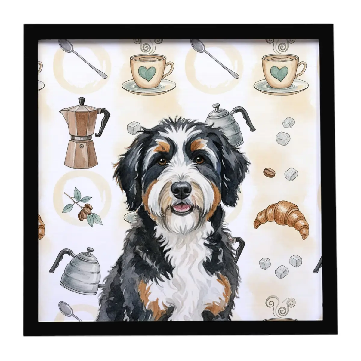 Carolines Treasures WDK7312MFP88 8x8 in. Bernedoodle Coffee Bar Framed Metal Print with Hanger, Contemporary Wall Art with Animal Character Figures Prints, Cute Doodle Gift for Home Decor