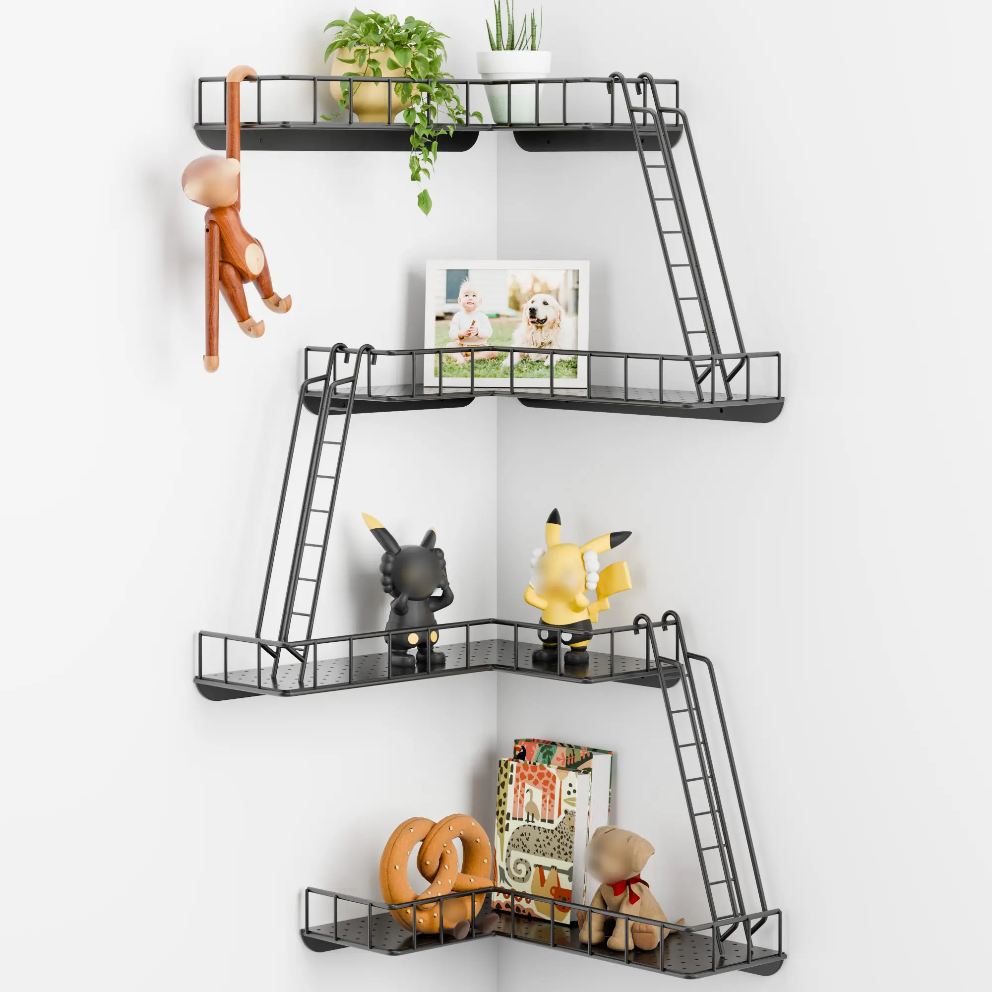 Fire Escape Wall Shelf - Modern City Style 4-Tier Corner Wall Shelves, Easy to Install Metal Ladder Shelf for Figures, New York Decorative Shelves for Bathroom, Living Room & Home Decor,Black