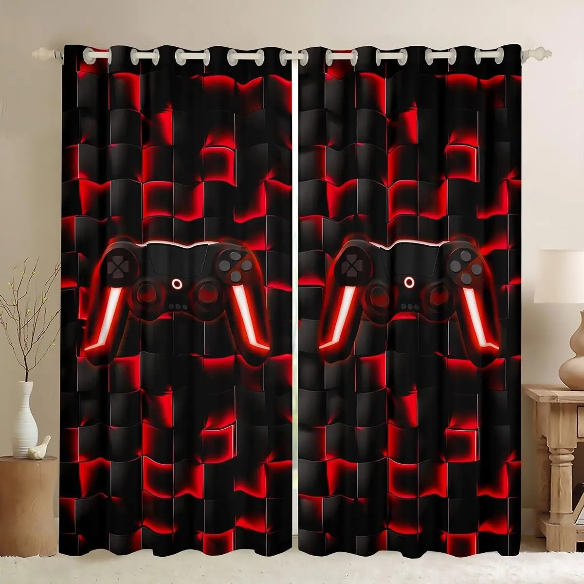 Feelyou Multi-Panel Gamer Blackout Grommet Eyelet Curtains - 2 Panels, Multi-Size, Skin-Friendly Velvet Fabric, 50% Sun-Darkening Sun Protection, Cool Checkered Grid Gamepad Print, Black Red Neon Theme Video Game Home Decor for Room Windows