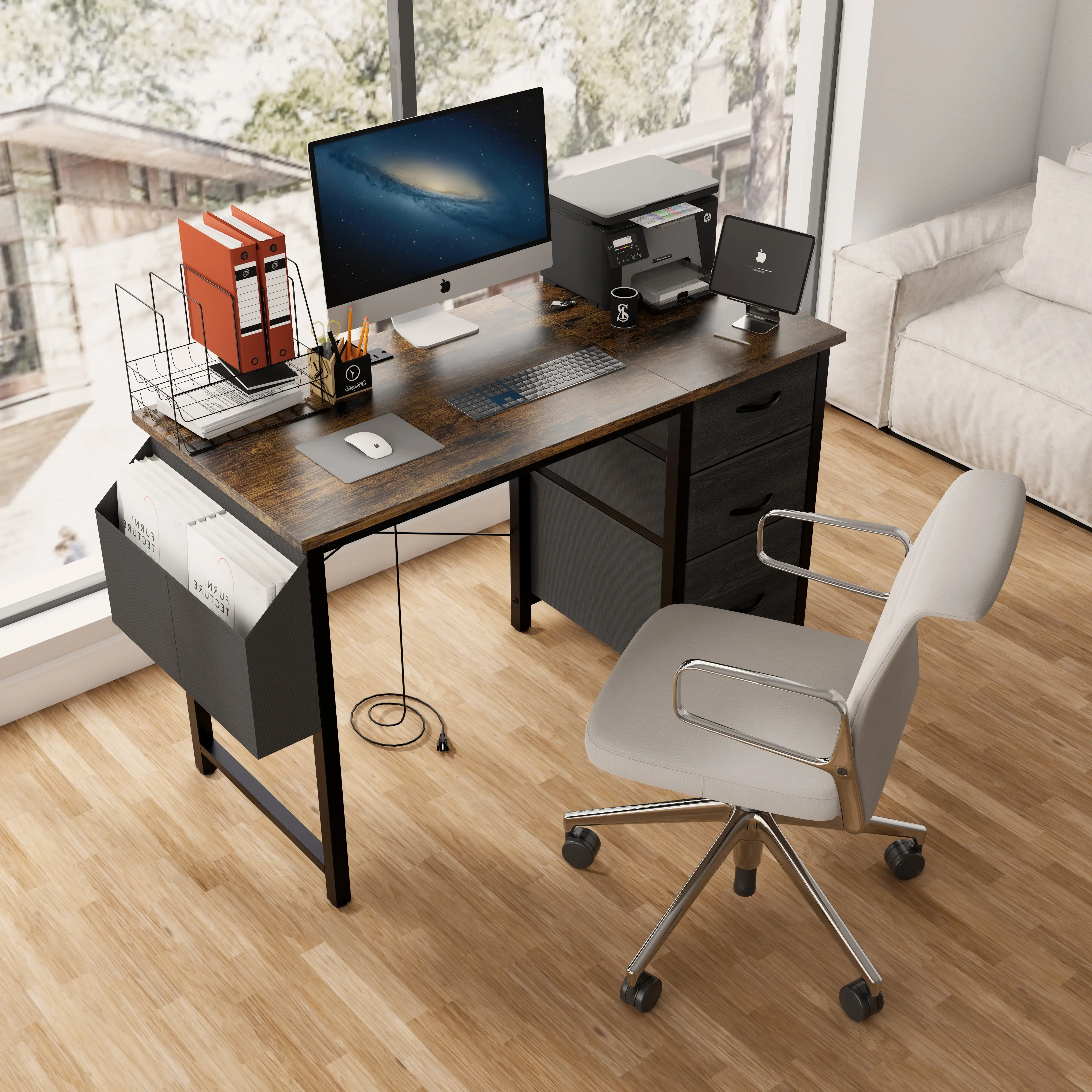 GSHVR 47" Office Desk with Power Outlet, 3 Drawers, Wooden Construction & Versatile Design for Home Office or Gaming Use Table Gaming PC Computer Work