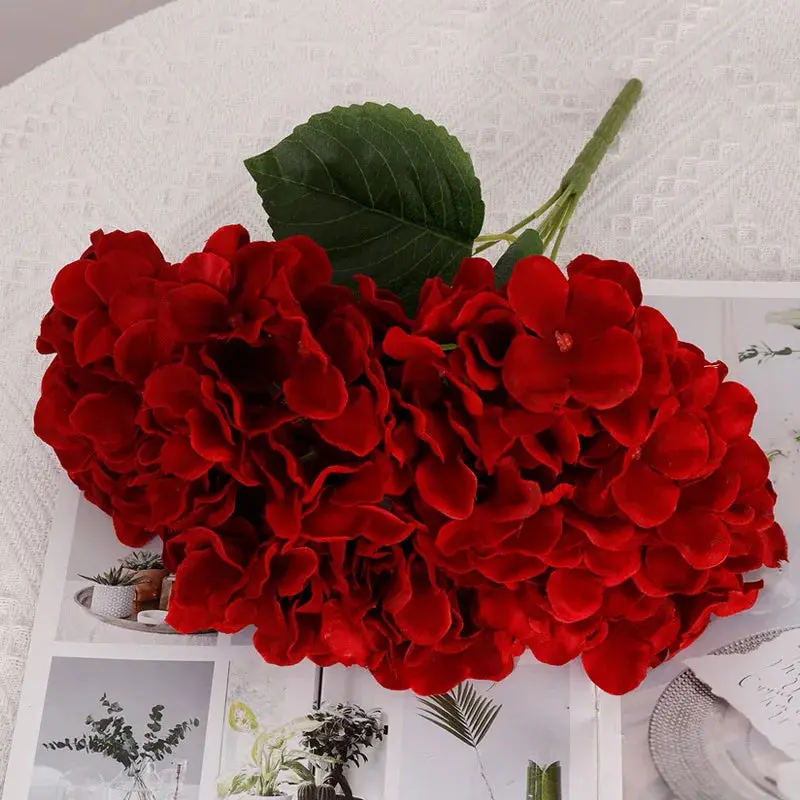 Big Red Silk Hydrangea Artificial Flower Bouquet (5 Heads)