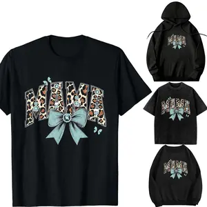 Oversize Acid Wash,Hooded sweatshirtt,Transfer，long-sleeved T-shirt-DIY-Unisex-Mama Coquette Bow Cheetah Leopard Print Mom Mothers Day T-Shirt Black