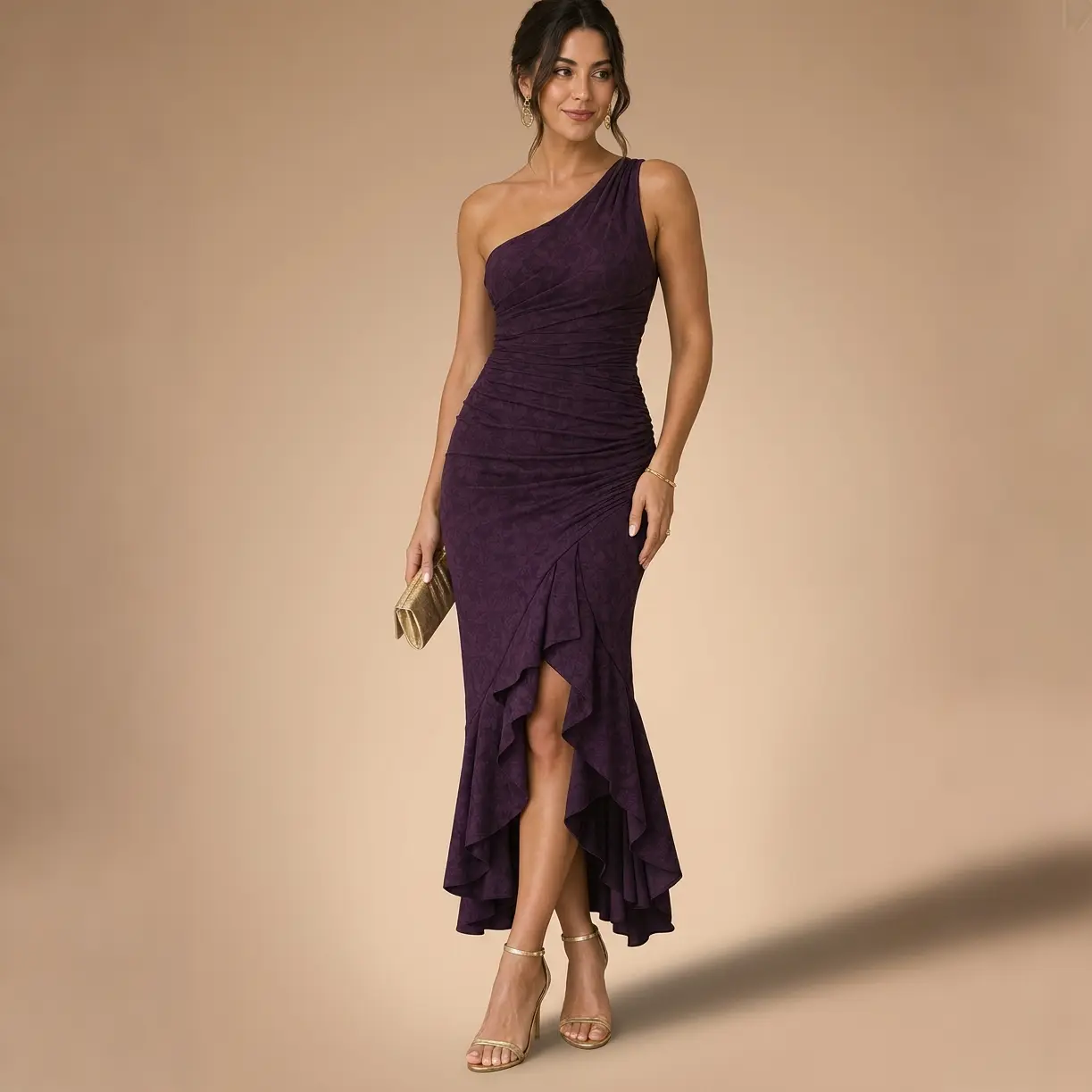 Women's One Shoulder Maxi Dress Textured Jacquard Ruched Bodycon Asymmetrical Ruffle Hem High Low Mermaid Formal Evening Gown for Wedding Guest Cocktail Party Holiday Date Night Old Money Luxe Glam