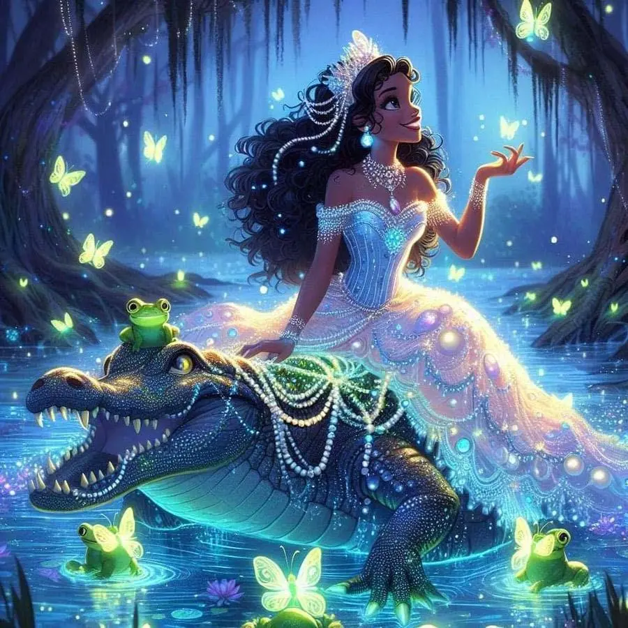 Princess on Alligator & Firefly Pattern DIY Diamond Arts Colorful Painting Kit Without Frame, DIY 5D Diamond Arts Colorful Painting Kit for Home Wall Decor Handcraft Handicraft Crafts