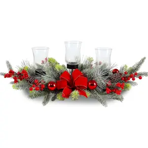 Red Christmas Table Decor, featuring a cedar wood base with three glass candle holders, adorned with red berries and Christmas baubles. Perfect for holiday parties, home decor, and mantel displays.
