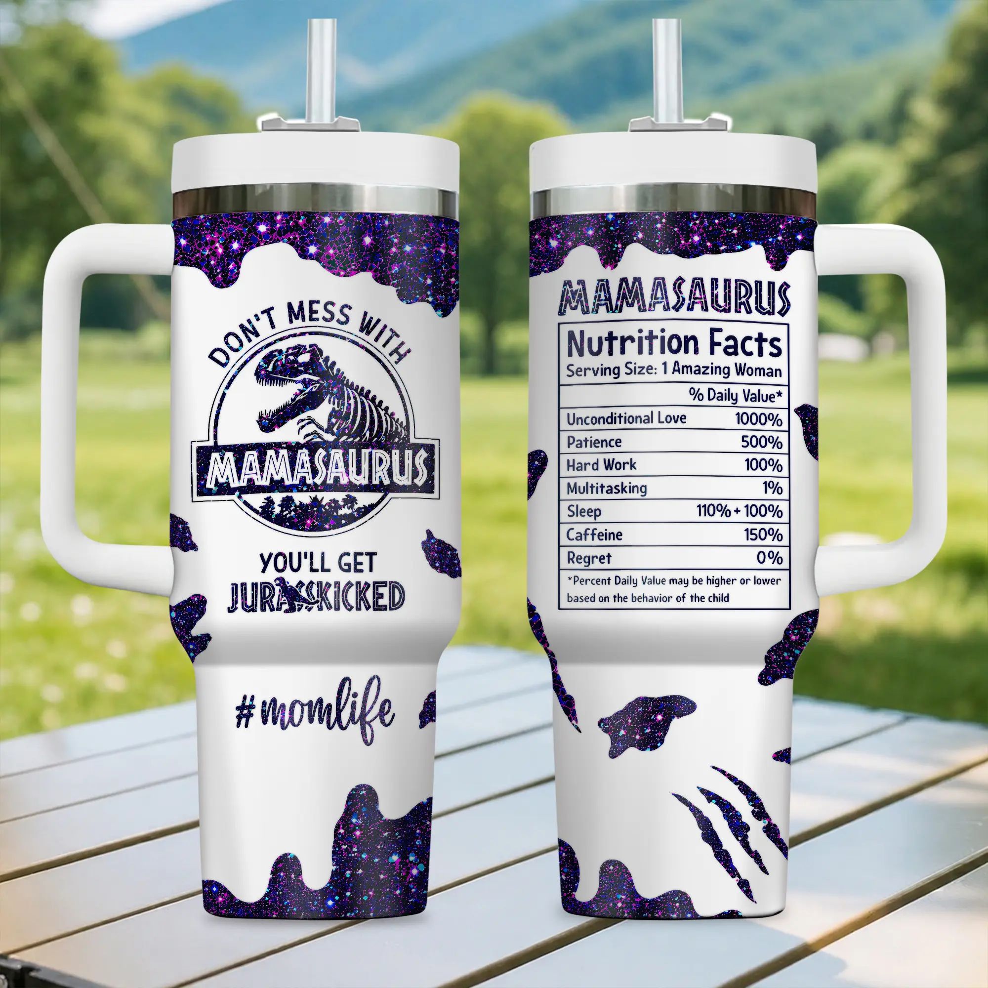 40oz Mamasaurus Tumbler with Handle and Straw, Don't Mess with Mamasaurus You'll Get Jurasskicked, Coffee Mug Water Bottle Stainless Steel Cup, Mothers Day Christmas Birthday Gift