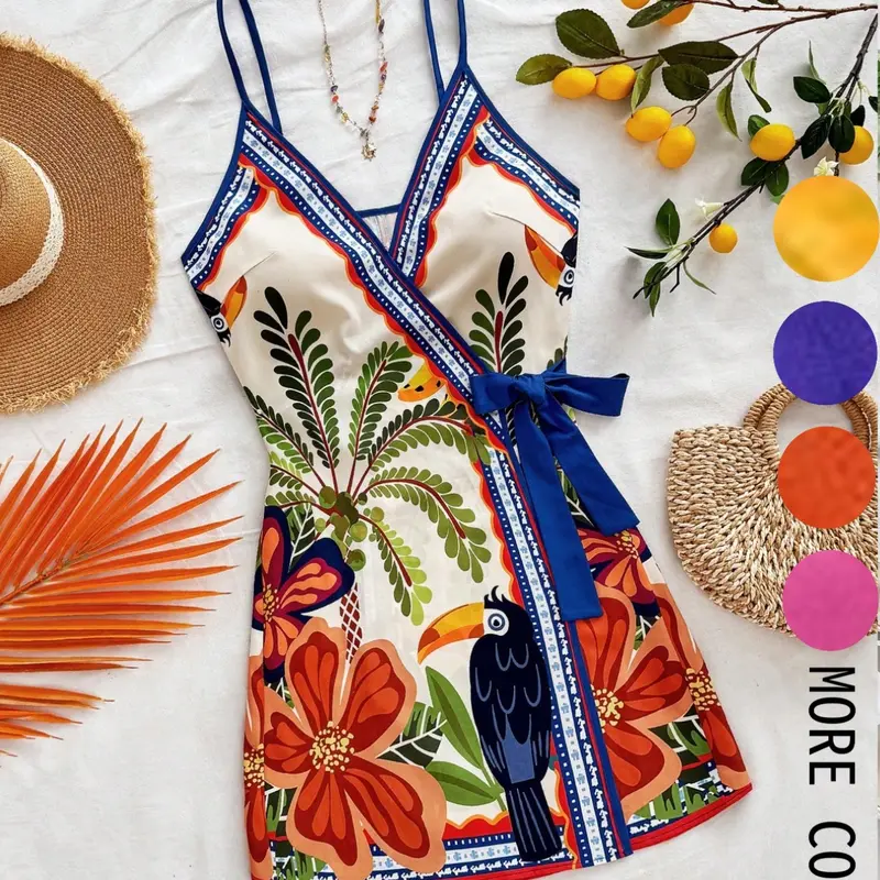 Women's Floral Print Casual Cami Dress, Boho Style Sleeveless Spaghetti Strap Dress for Beach Vacation, Ladies Summer Clothes, Bohemian Dress