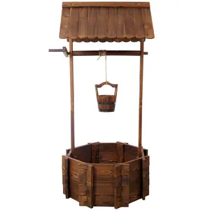 Hdmw Rustic Wooden Wishing Well Planter Outdoor Home Décor for Patio, Garden, Yard w/Hanging Bucket
