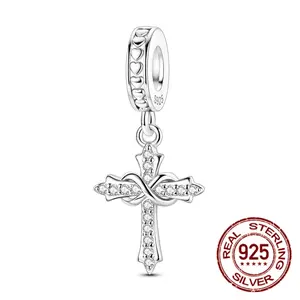 MULA 925 Sterling Silver cross heart pendant with white gold plating and zircon - religious symbol of faith, love and protection, suitable for Pandora bracelets and necklaces - gift for women and girls