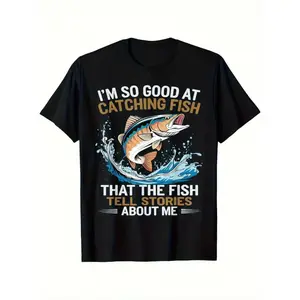 Men’s Funny Fishing T-Shirt🎣 "I Fish So Well the Fish All Tell Stories" Graphic Tee, Lightweight Breathable 100% Cotton, Short Sleeve Casual Outdoor Shirt, All-Season Wear, Machine Washable, Ideal Gift, Retro & Vintage Style