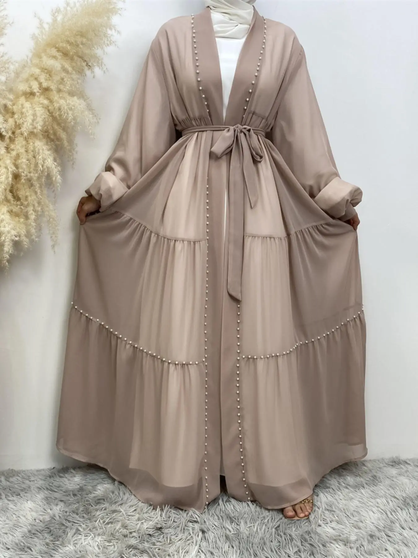Women's Plain Beads Decor Open Front Abaya, Modest Fashion Long Sleeve Dress for Daily Wear, Women's Islamic Clothing for Summer