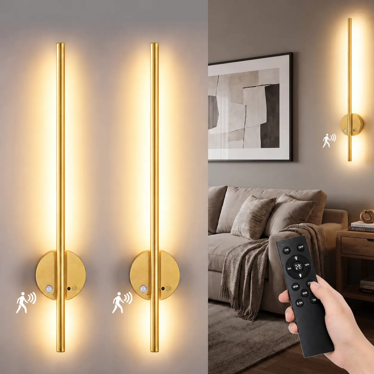 GALENTAL Set of 2 Rechargeable Motion Sensor LED Wall Sconces, Wireless Magnetic Lights with Remote, 3 CCT, Stepless Dimming, Touch Control and Timer, Black