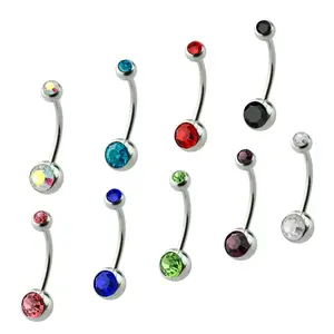 Surgical Steel Long Belly Ring 14 Gauge 5/8" (16 MM) & Color CZ Gems