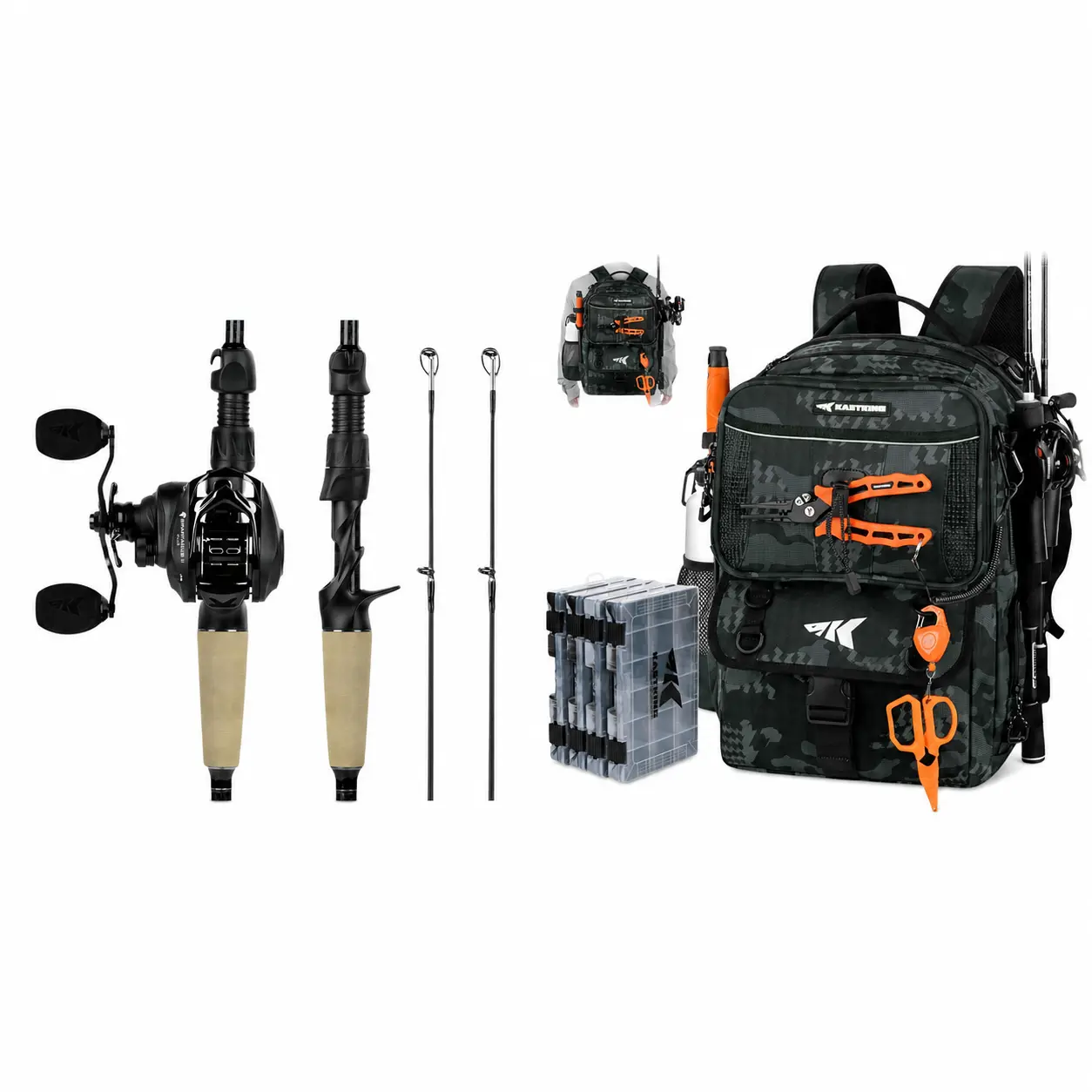 KastKing Spartacus II Plus Fishing Rod Combo & KastKing BaitSpace 50L Fishing Tackle Backpack with Black Camo - With (4) 3600 Tackle Boxes