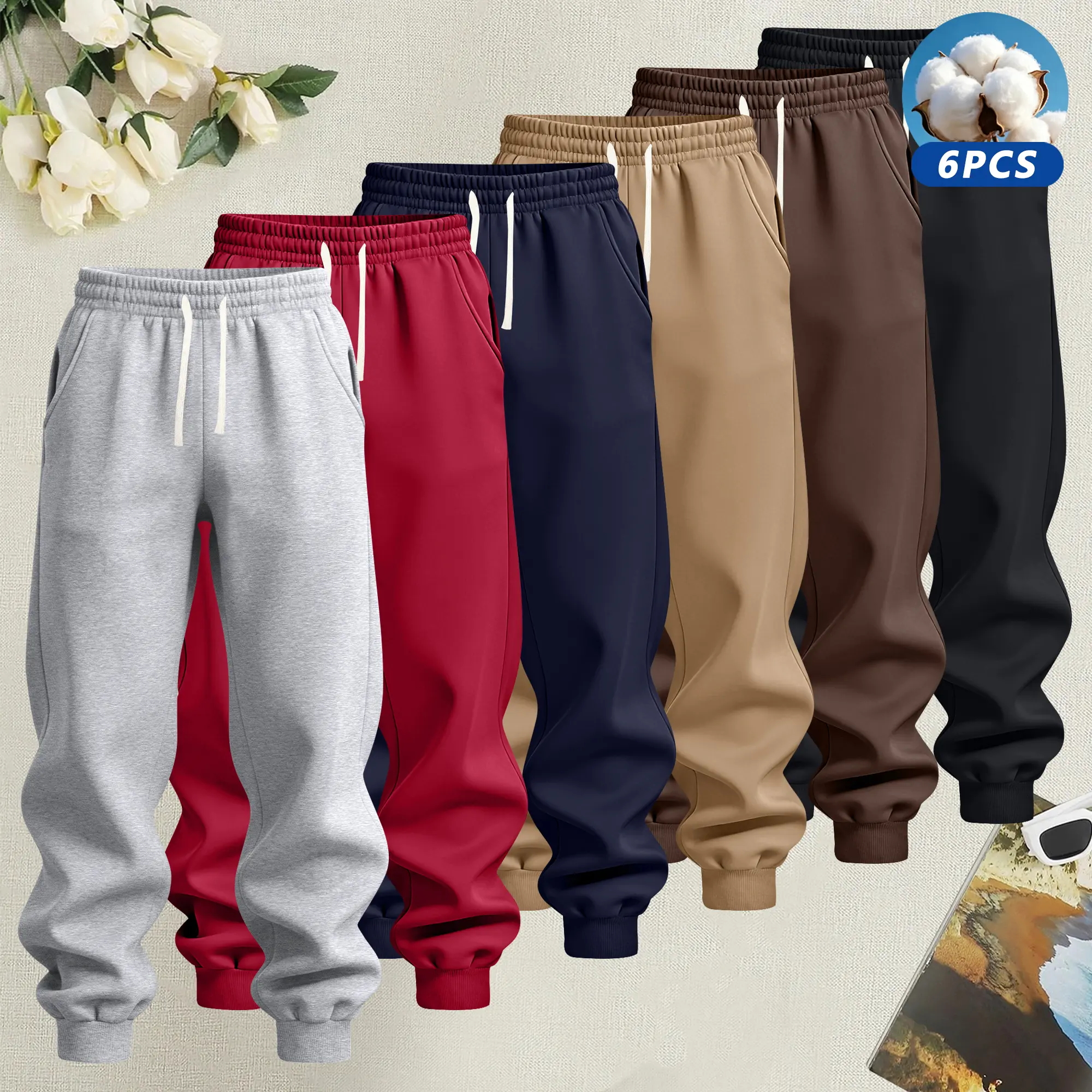 New Spring Fall Men's Cotton Pants Trendy Solid-Color Smooth-Finish Available in Multi-Piece Sets Regular and Plus Sizes Casual and Athletic Style Elastic Waist with Drawstring Ideal for Travel Vacations Outdoor Activities and CampingMen's Cuffed Pants
