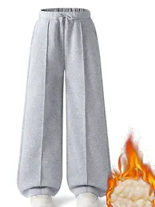 Girls' Fleece Lined Straight Leg Solid Color Sweatpants Winter Warm One-Piece Velvet Casual Outdoor Sports Pants
