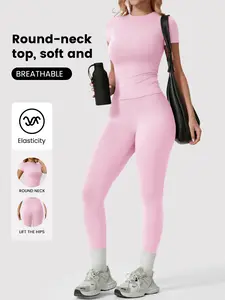 Women's Solid Color Round Neck T-Shirt and High Waist Tight Pants Sport Set Gym Clothes Set, Fashionable Comfortable Fitness Yoga Slimming Pants