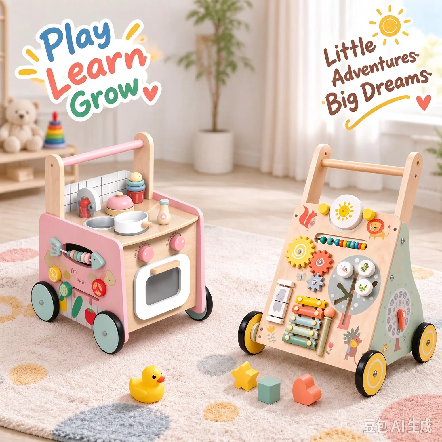 MOREFEEL Grade Birch Plywood Infant Push Activity Walker for 0-3 Years 12 Months - Adjustable Handle Bar, Multi-Functional Toddler Rolling Walker with Rotary Gears, Animals, Mirror Maze for Motor Skill Development, Unisex Baby Christmas Gift