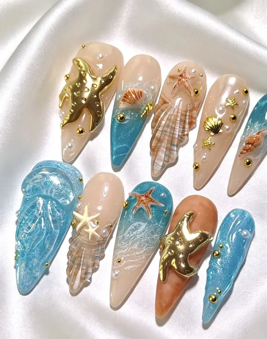 3D Ocean Theme Press On Nails Handmade Starfish Seashell Jellyfish Almond False Nails With Pearl Gold Decor
