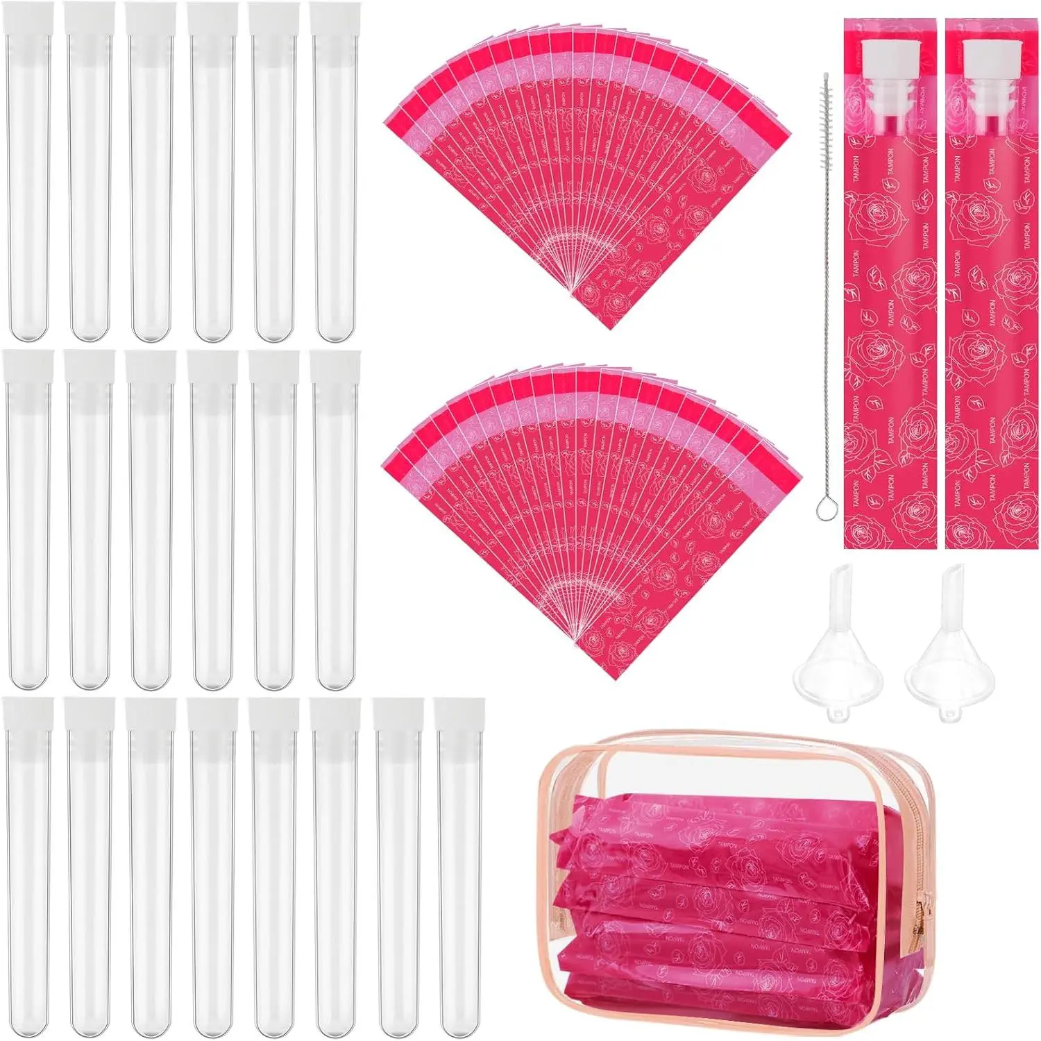 64 count Tampon Flasks Set Includes 20  Plastic Flasks, 40 Self Adhesive Wrappers, 2 Funnels, Clear Storage Bag, Straw Scrubber, Tube Flasks for Cruise Event, Concert, Outdoor  (Rose red)