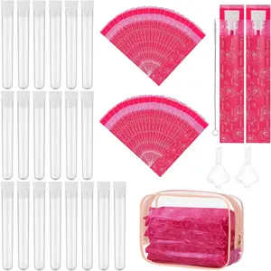 64 count Tampon Flasks Set Includes 20  Plastic Flasks, 40 Self Adhesive Wrappers, 2 Funnels, Clear Storage Bag, Straw Scrubber, Tube Flasks for Cruise Event, Concert, Outdoor  (Rose red)