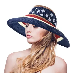 Patriotic Hats for Women,American Flag Straw Hat, 4th of July American Flag Women Sun Visors Foldable Straw Hats for Women Multi