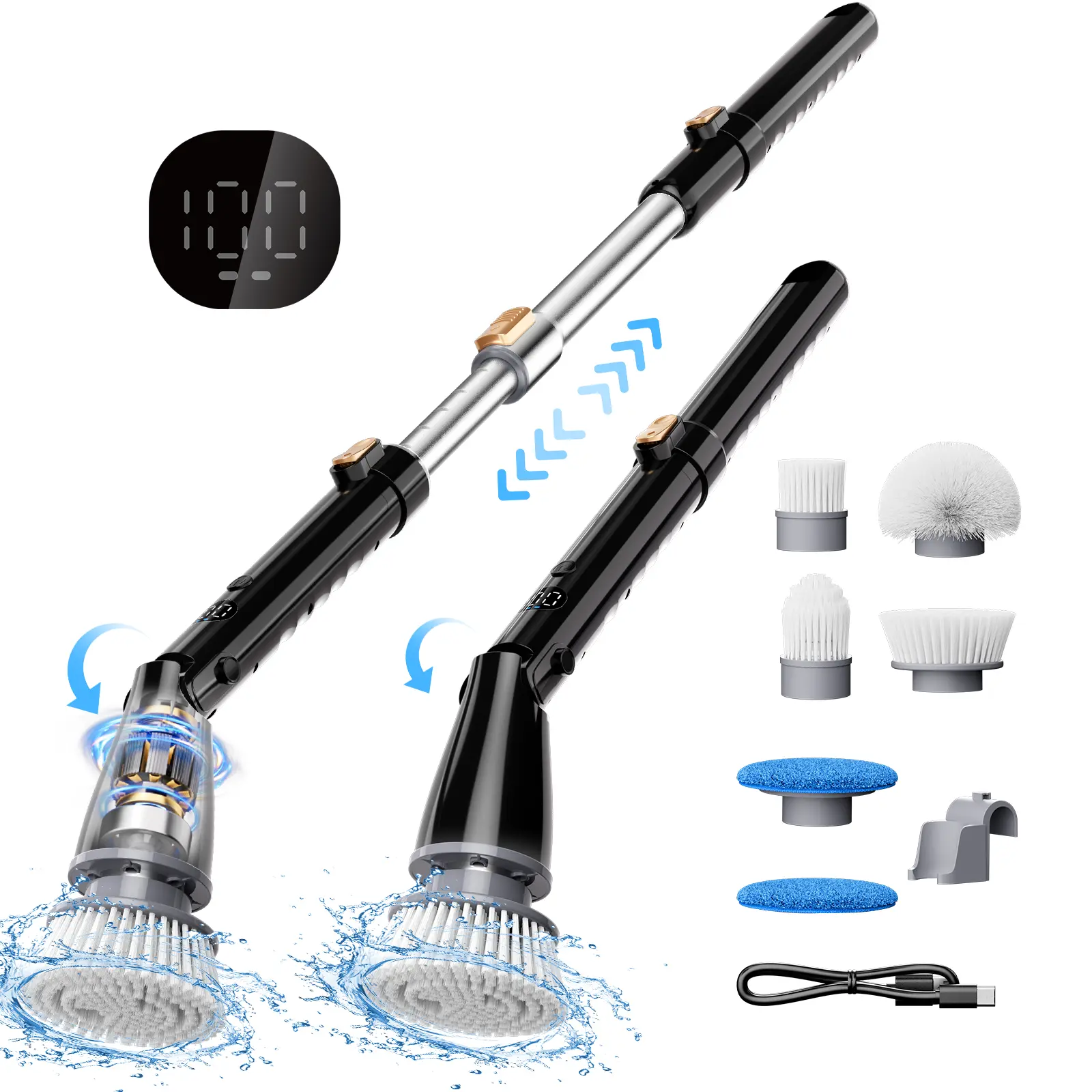 【2026 newly upgraded】Trucozie T355 Electric Spin Scrubber, Cordless Cleaning Brush with 440RPM/90Mins Runtime, 3 Adjustable Angles&Sizes, 6 Replaceable Brush Heads, 2 Speeds for Bathroom Glass, Car Cleaning, Bathtub, and Shower