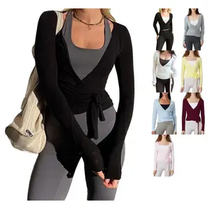 Women’s Wrap Top Long Sleeve Deep V-Neck Cross Tie Fitness Ballet Pilates Yoga Shirt Sportswear GARMENTARY