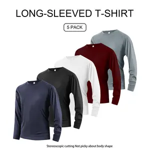 gym Mens 5-Piece Fine Check Pattern Crew Neck Long Sleeve T-Shirts Quick-Dry Breathable Activewear for Sports Gym Casual Workouts Fall Outfits Bodybuilding Fitness Tee
