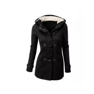 Women's Hooded Winter Coat with Horn Buttons, Thickened Insulated Long Jacket with Full-Zip for Cold Weather Casual & Formal Wear