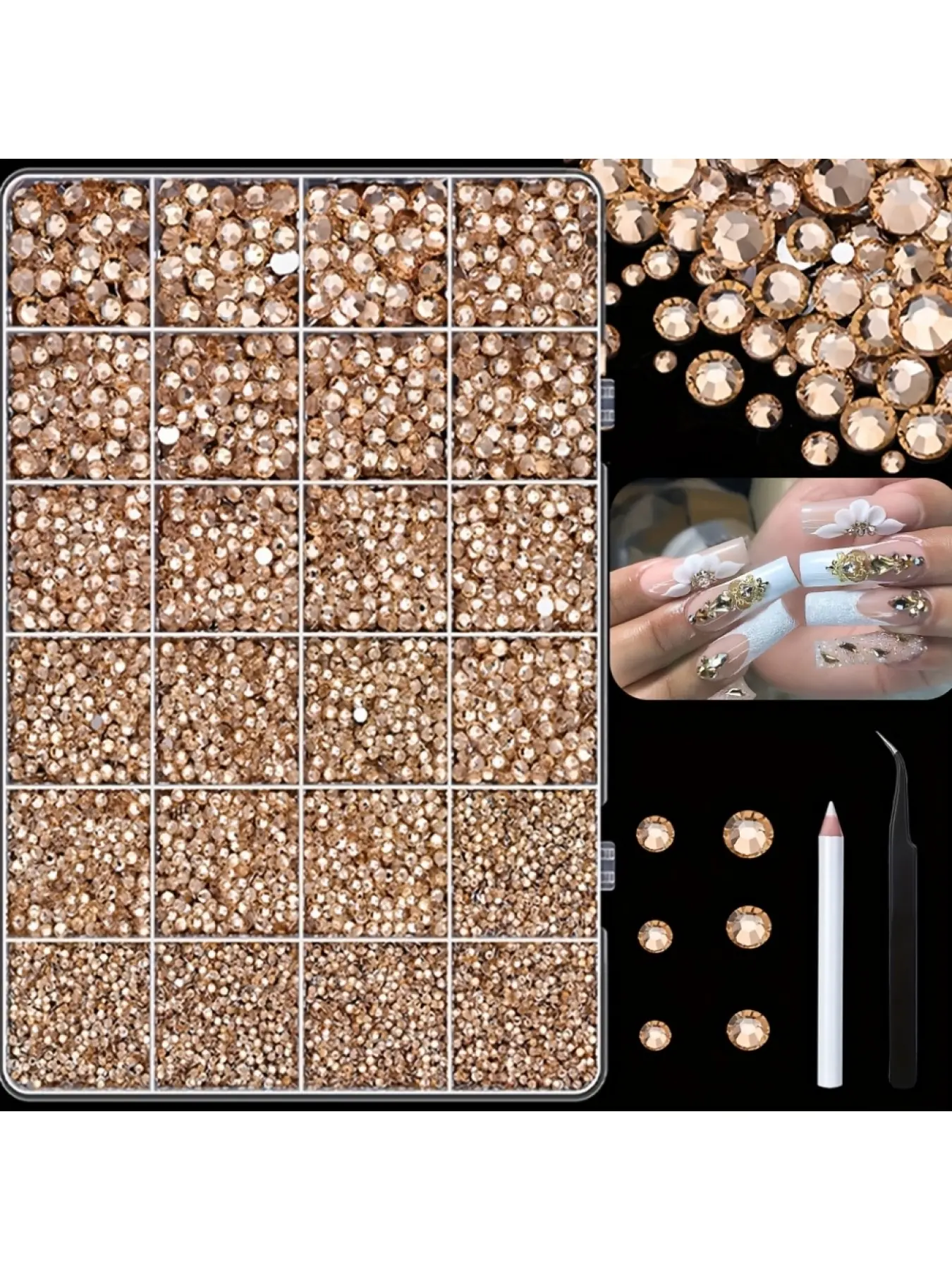 1860pcs Resin Rhinestones with Tweezers, for Handmade Crafts, Diy Nails Art, Champagne 3-6Mm Mixed Sizes, Rhinestones for Crafts, Clothing, Shoes, Nail Art, Nail Art Accessories, Nail Decoration Supplies