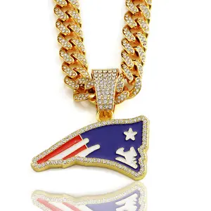 Men’s Trendy Patriotic Team Pendant Necklace Blue Enamel Full Diamond Cuban Link Hip Hop Jewelry