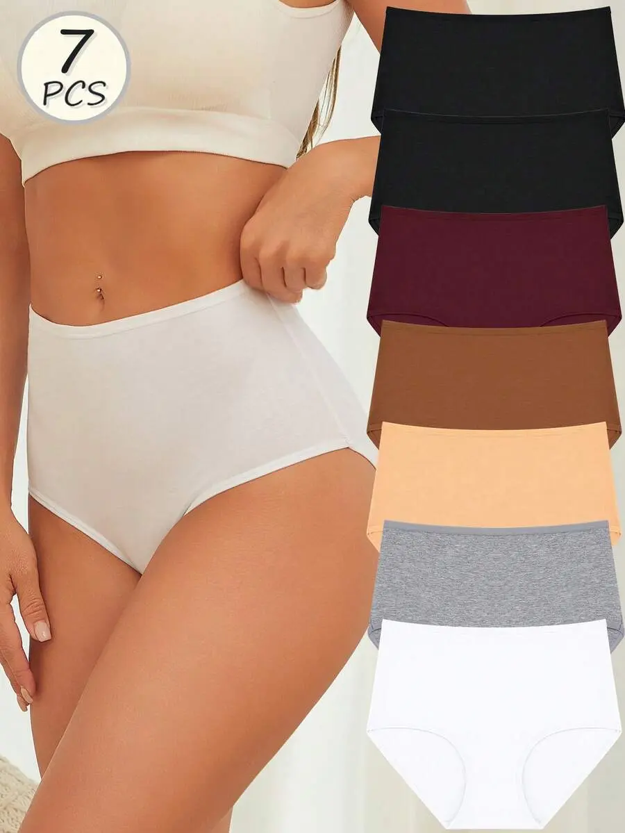7Pcs Women's Cotton Underwear Panties Soft Comfortable SKin-Friendly Mid-Rise Solid Briefs