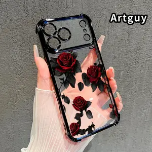 Elegant Red Roses Pattern Four Corner Anti-Fall Phone Case Transparent Electroplated Protective Cover for iPhone 17 Pro Max 16 Air 15 Plus 14 13 12 11 E