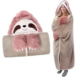 Winter cartoon cute sloth can wear hooded blanket with gloves lamb wool soft and comfortable home TV TV blanket cozy warmth