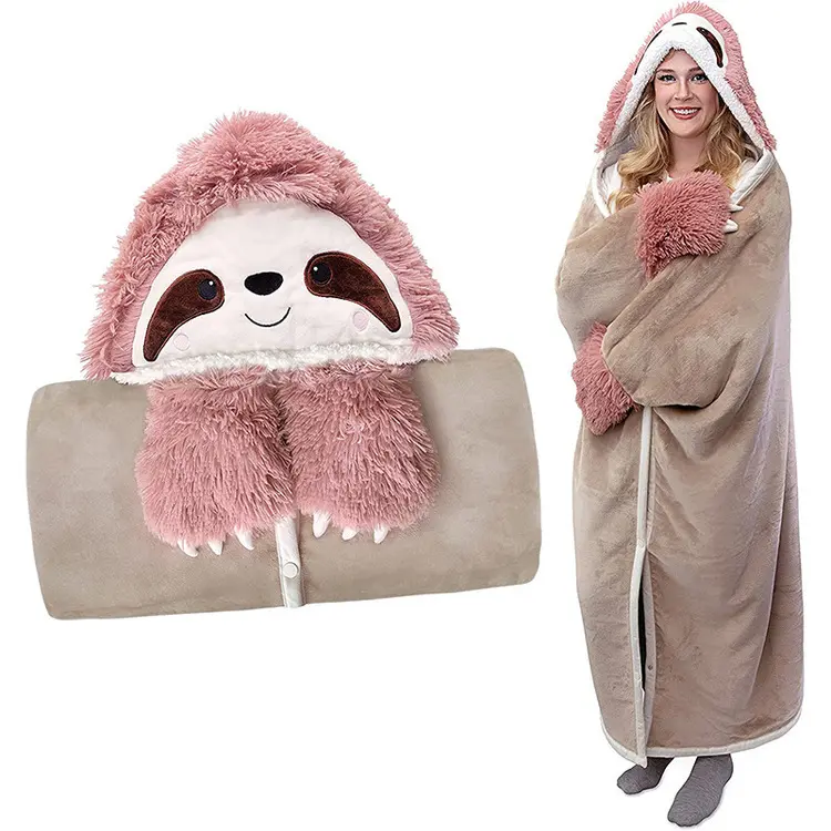 Lamb Wool Hooded Blanket with Gloves, Winter Cartoon Sloth Animal Blanket, Soft Warm Throw for Cozy Home TV Use, Animal Blankets