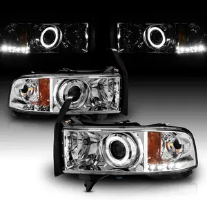 AmeriLite for 1994-2001 Dodge Ram 1500 2500 3500 Pickup Dual LED Halos Projector Black Replacement Headlights Assembly Set - Passenger and Driver Side