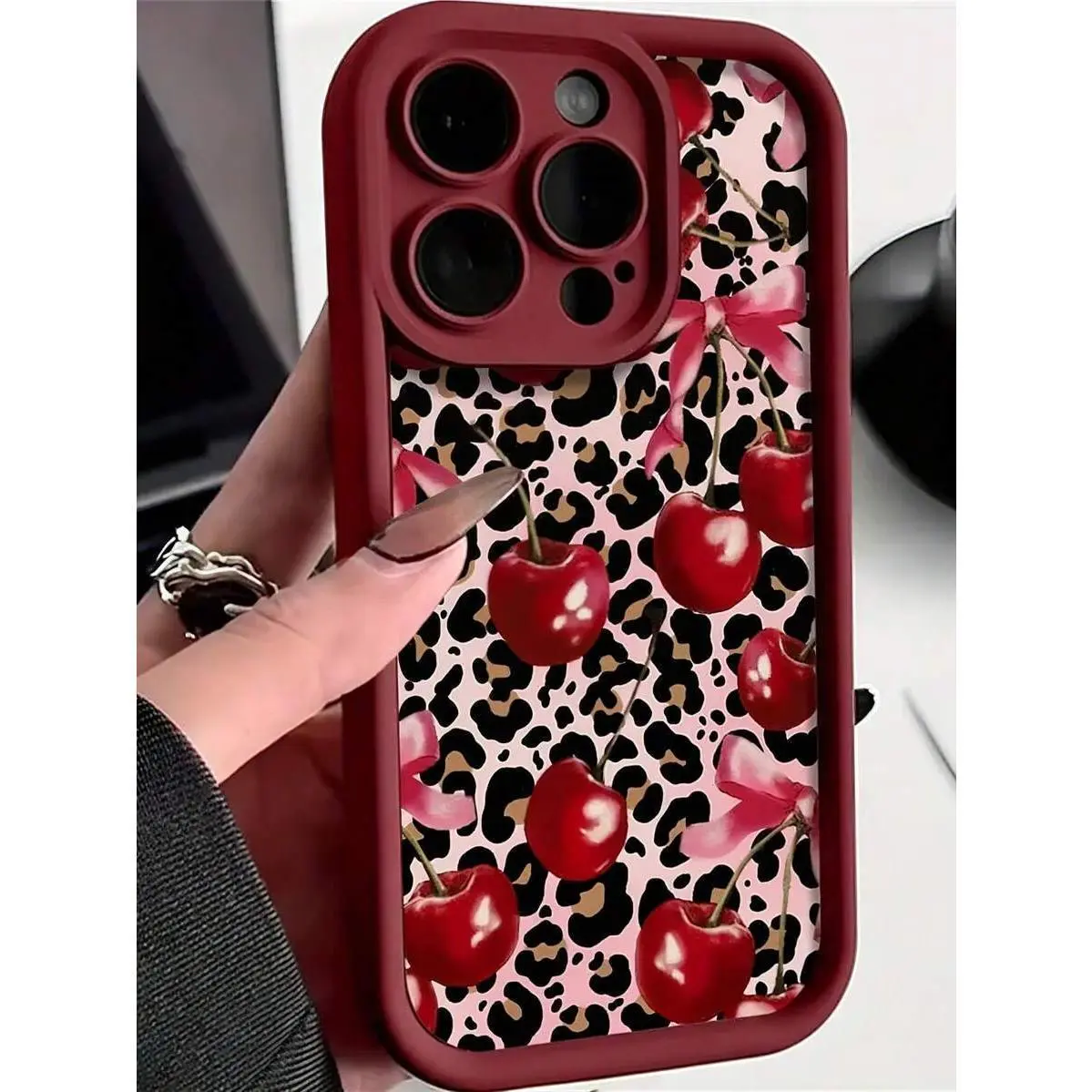 1pc Fashionable Black Bow & Cherry Pattern Soft TPU Shockproof Full Coverage Smartphone Casing - Protective Cellphone Accessories with Bows for iPhone 17/17 Air/17 Pro/17 Pro Max/16/16 Plus/16 Pro/16 Pro Max/15/14 Plus/13/12/11