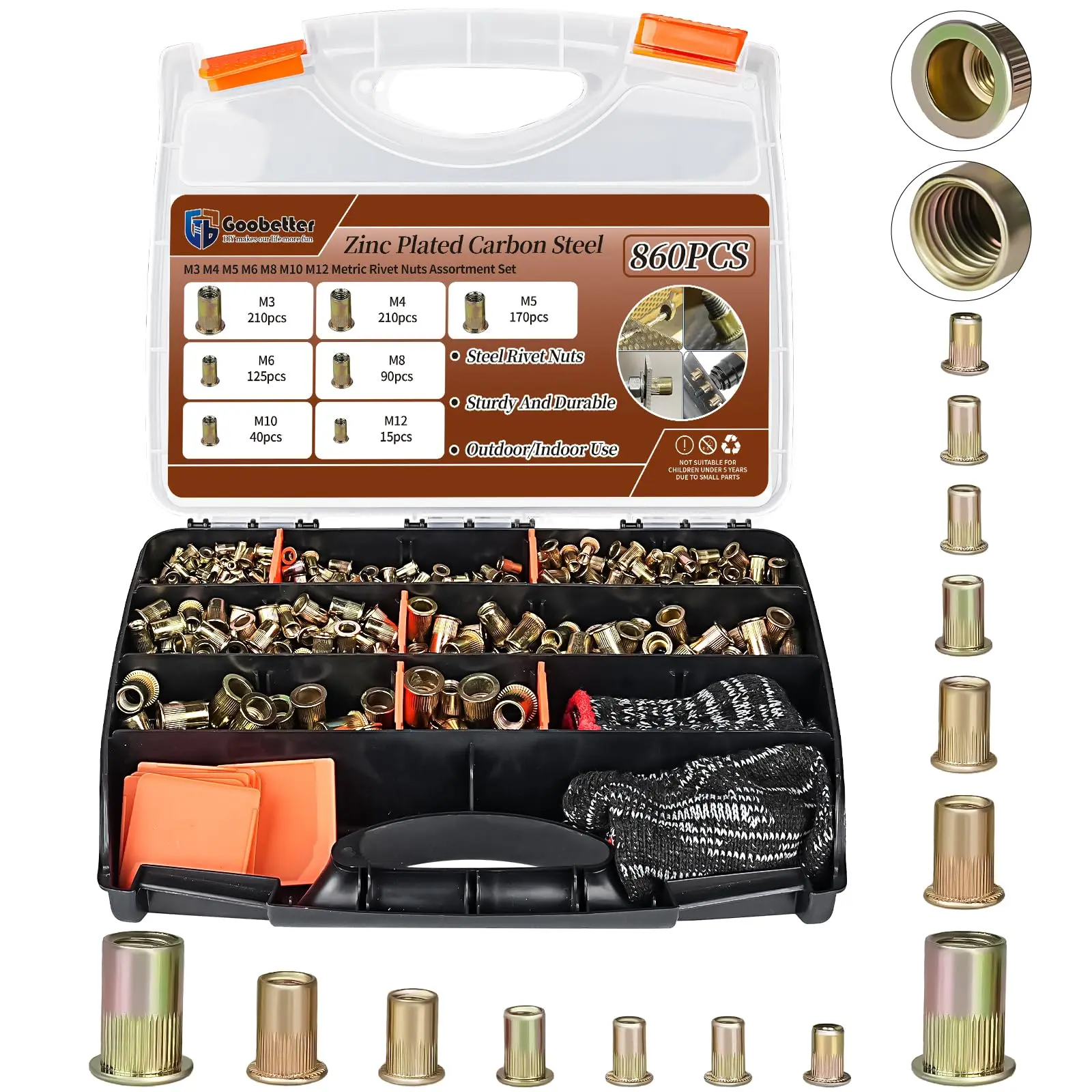 860-Piece Color-Coded Zinc-Coated Heat-Treated Carbon Steel Flat Head Rivet Nut Set - Metric/Inch Sizes, Hex Anti-Slip Hexagon, Heavy Duty Fastening, for Sheet Metal Work, Automotive Repair, with Storage Case & Installation Tools