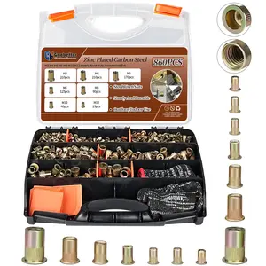 860-Piece Color-Coded Galvanized Carbon Steel Flat Head Rivet Nut Set, Metric & Imperial Sizes, for Sheet Metal Work & Automotive Repair, with Storage Case