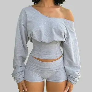 Women's Solid Color One Shoulder Long Sleeve Waist-Cinched Sweatshirt & Shorts Two Piece Set 2025 Fall & Winter New Slim Fit Elegant Sexy Casual Wear Sports Loungewear Sexy Outfit
