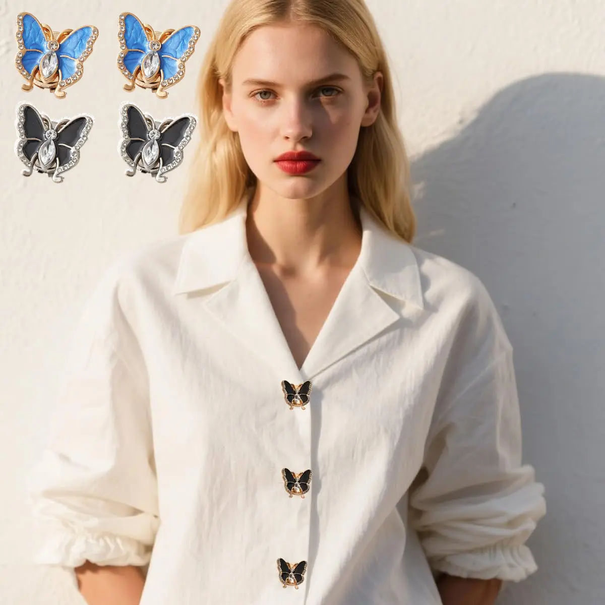2PCS Butterfly Button Covers Rhinestone Button Covers Fashion Black Butterfly Replacement Buttons for Women Men Sewing DIY Decorative for Dress Shirt Tuxedo Blouses Dresses Clothing Fancy Accessories