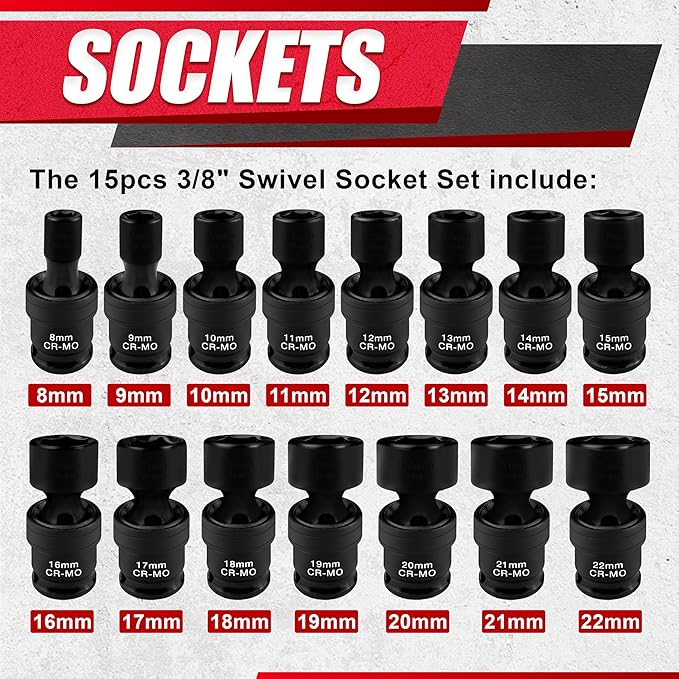 15PCS 3/8" Drive Shallow Universal Impact Socket Set,Swivel Socket Set,Metric Flexible Wobble Sockets, CR-MO,8-22mm, 6 Point 15PCS 3/8" Drive Shallow Universal Impact Socket Set,Swivel Socket Set,Metric Flexible Wobble Sockets, CR-MO,8-22mm, 6 Point