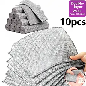 10Pcs Stainless Steel Scrubbing Pads, Sponges for Cleaning, Heavy Duty Steel Wire Cleaning Cloth for Kitchen Stove, Non-Oil Stain Dishwashing Rag, Reusable Grease Remover