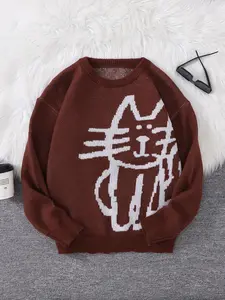 New Fashion Abstract Cat Jacquard Pullover Sweater, Casual Comfy Pullover, Casual Round Neck Knit Men's Jumper, Moderate Fabric, Fitted Style